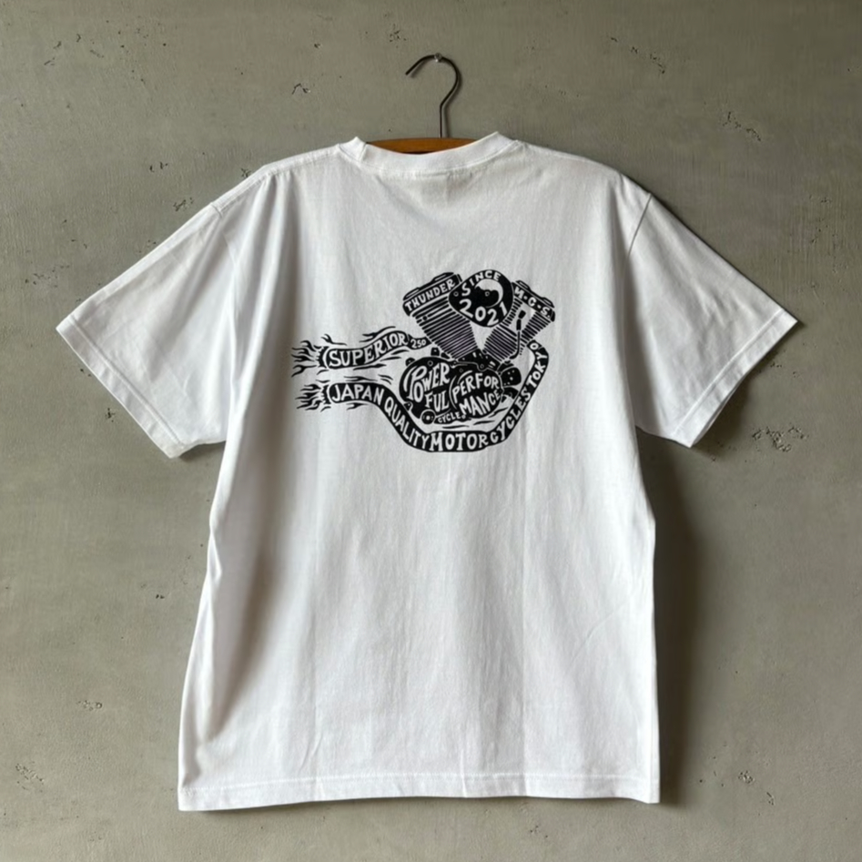 THUNDER MOTORCYCLES オリジナルTシャツ（エンジン）・ホワイト